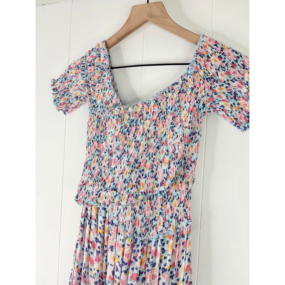 NWT Poupette St Barth Soledad Smocked Off Shoulder Maxi Dress XS Blue Spring - Picture 2 of 7
